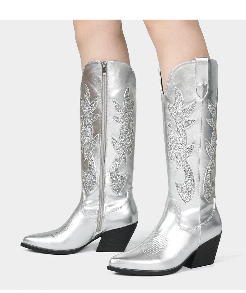Shoes for Women New Embroidered Western Cowboy Boots Women Autumn Pointed Toe Thick Heel High Knee Boots