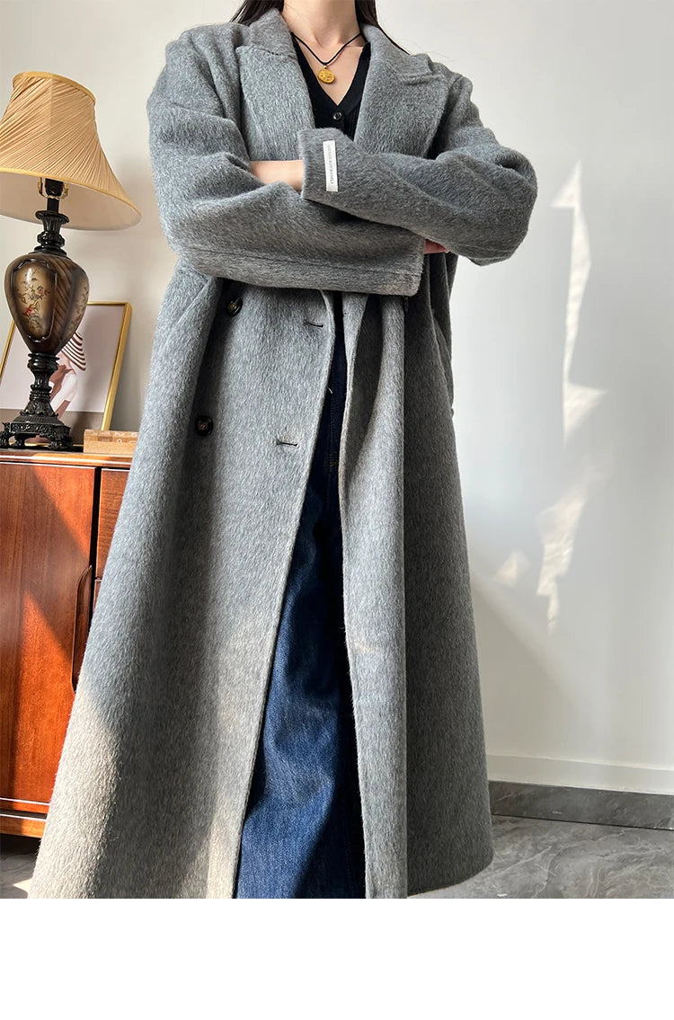 Office Lady Woolen Jackets 2024 Autumn And Winter Suit Collar Double Breasted Warmer Yak Hair Loose Long Women's Wool Coats