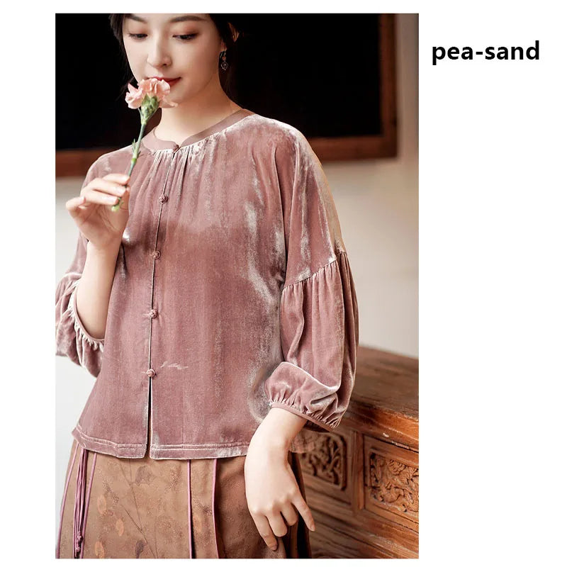 Silk Velvet Shirt for Women, Elegant Temperament Shirt, Mulberry Silk, Vintage Blouse, Violet Light, Comfortable, Spring Autumn