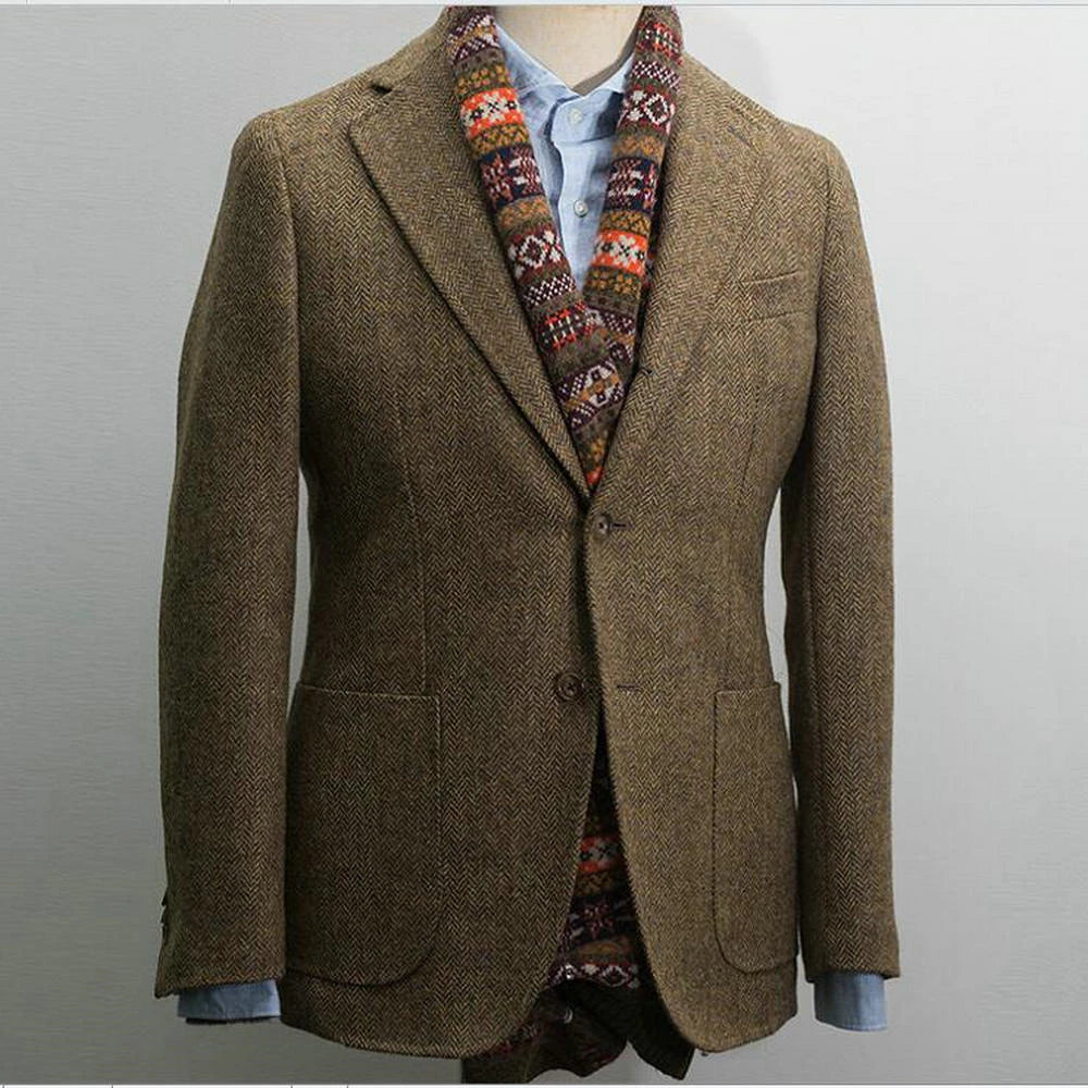 Men's Suit Brown Blazer Prom Tuxedos Herringbone Wool Tweed Single Breasted Formal Bussiness Jacket for Wedding（Only Coat）