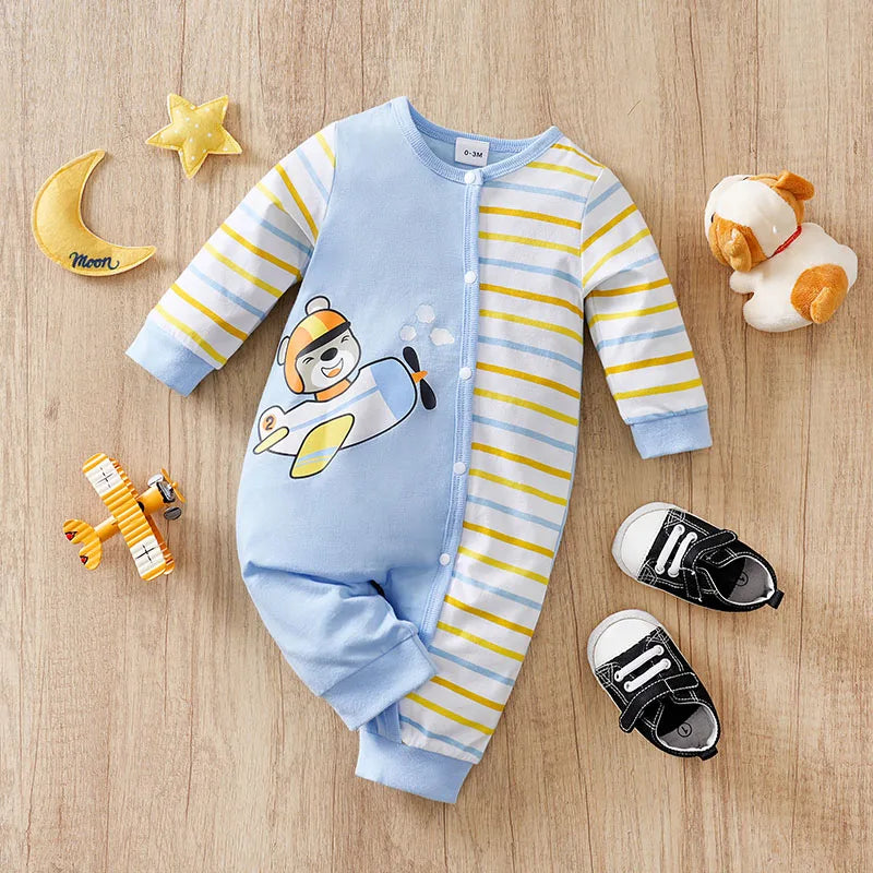 Newborn Baby Clothes cotton 0-12 Months blue Flying bear stripe print Spring and autumn Long Sleeve unisex Kids Jumpsuit Pyjama
