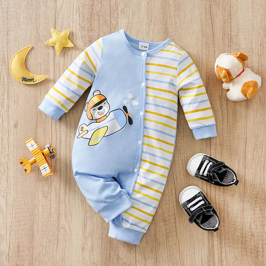 Newborn Baby Clothes cotton 0-12 Months blue Flying bear stripe print Spring and autumn Long Sleeve unisex Kids Jumpsuit Pyjama
