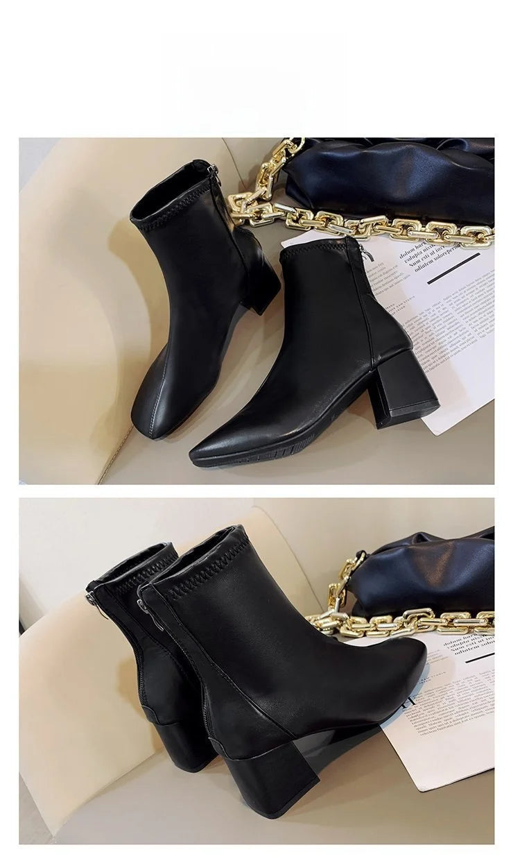 Ladies Bla High Heel ort Boots Spring Autumn Briti Sle Square Head  Boots Faionable Waterproof PU Leather