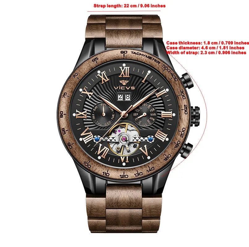 VICVS Walnut Men's Mechanical Watch for Him, Wooden Watches, Best Man Watches, Boyfriend Gifts, Dad Gifts Mechanical Watches