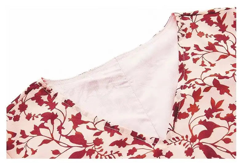 Women's Mulberry Silk Midi Dress V-Neck Three-Quarter Sleeve Red Floral Print Waist Tie Elegant Silk Summer Dress For Mature