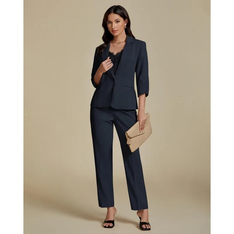 Pant Suits for Women Dressy 2 Piece Business Casual Outfits 3/4 Sleeve Blazer Straight Leg Pant Sets Office Work
