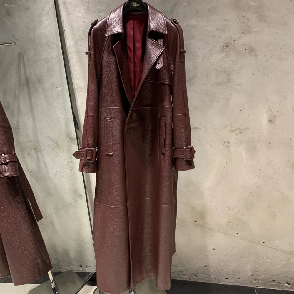 Gold Leather Coat Long Ladies Real Sheepskin Coat Genuine Sheep Leather Windbreak Long 21018