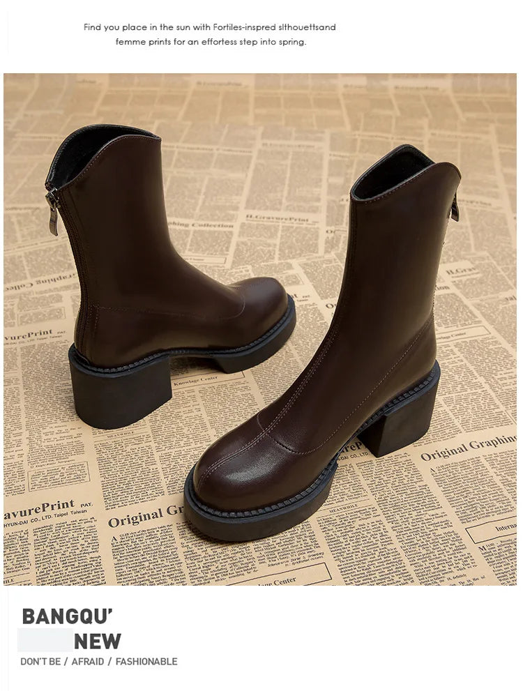 High Heel Women Ankle Boots Fashion High Quality Platform Shoes for Women British Style Brown Boot Comfor Women Waterproof Boots