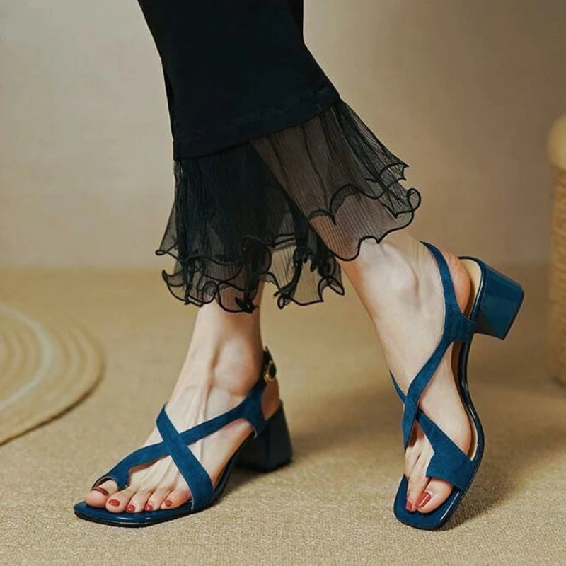 Footwear Square Heels Women's Shoes Beach Sandals for Woman One Word Summer 2023 Blue Medium New Breathable Fashion