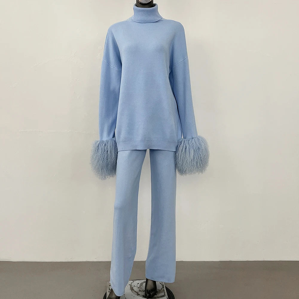 Coat Women Knitted Suit Women's Sweater Set Real Mongolian Sheep Fur Cuffs High Quality Wool & Blend Knitted Pullover and Pants