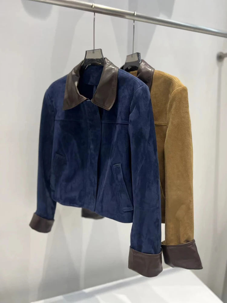 European Imported Suede Jacket Women 2025 Autumn Winter Branded New Contrasting Leather Coat Navy Blue Short Locomotive Casacos