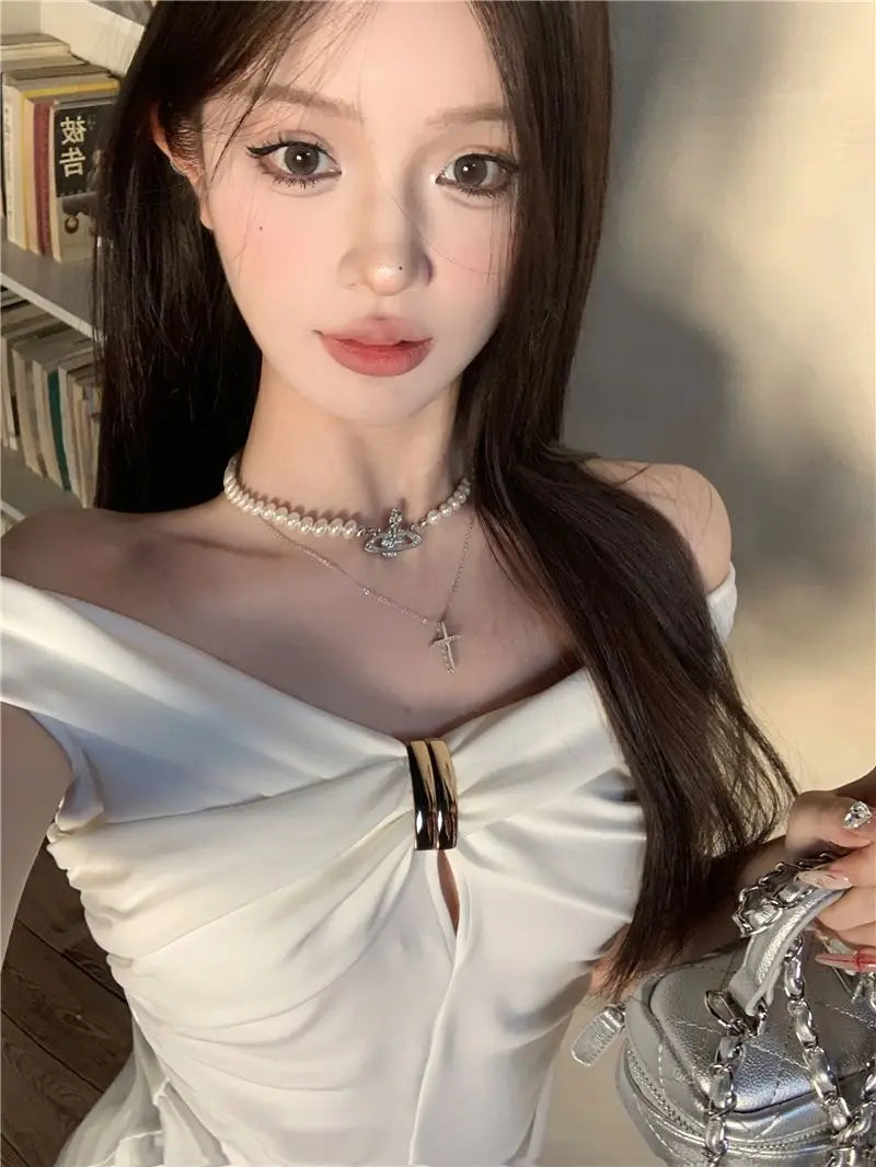 Summer Solid Color Sexy Off Shoulder Tops Lace Up Sleeveless T-Shirt Casual Slim  Top Black Short Sleeve Wome