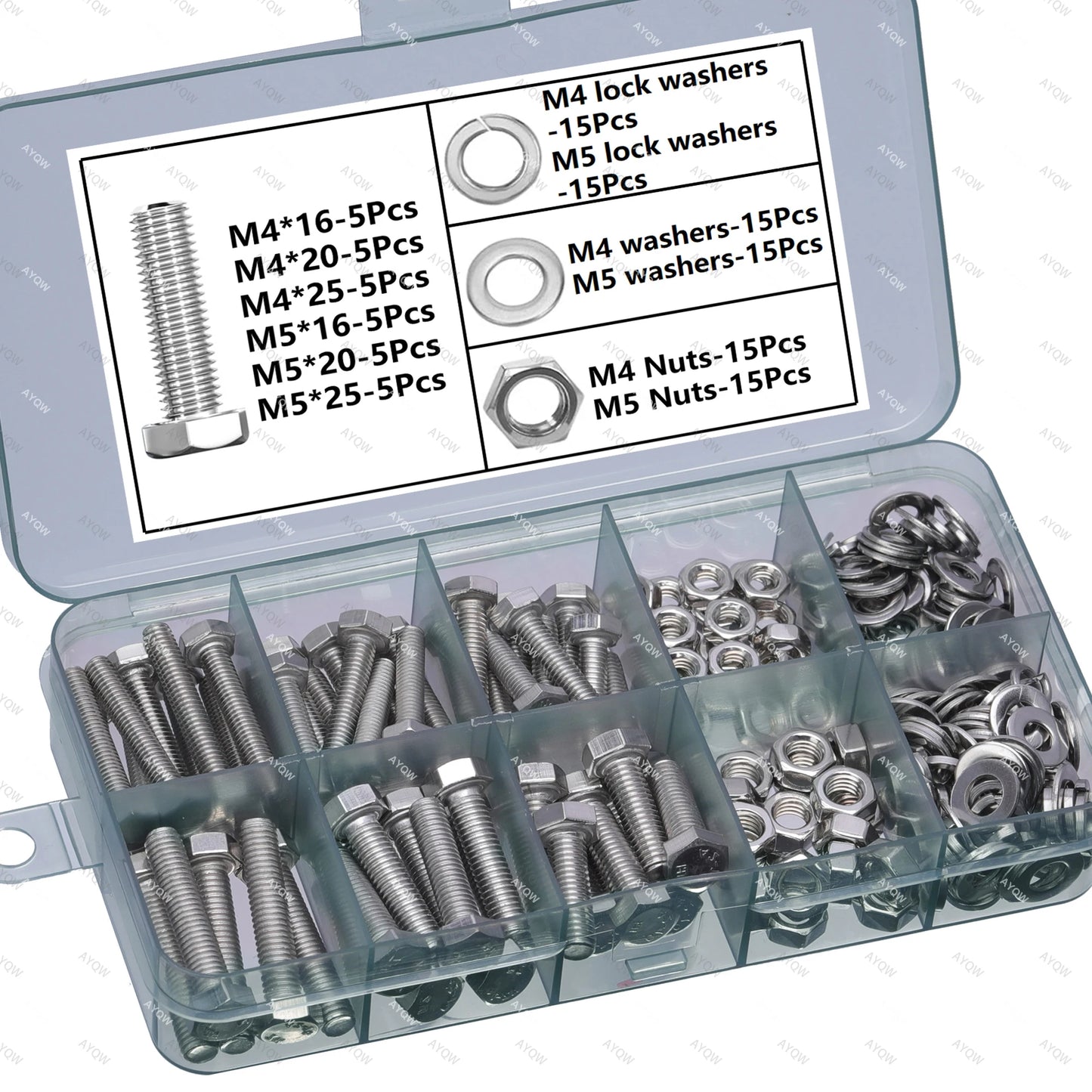 120/240/480pcs Stainless Steel Nuts and Bolts Assortment Kit, Including 6 Sizes Hex Bolts,Flat Washers, Lock Washers.