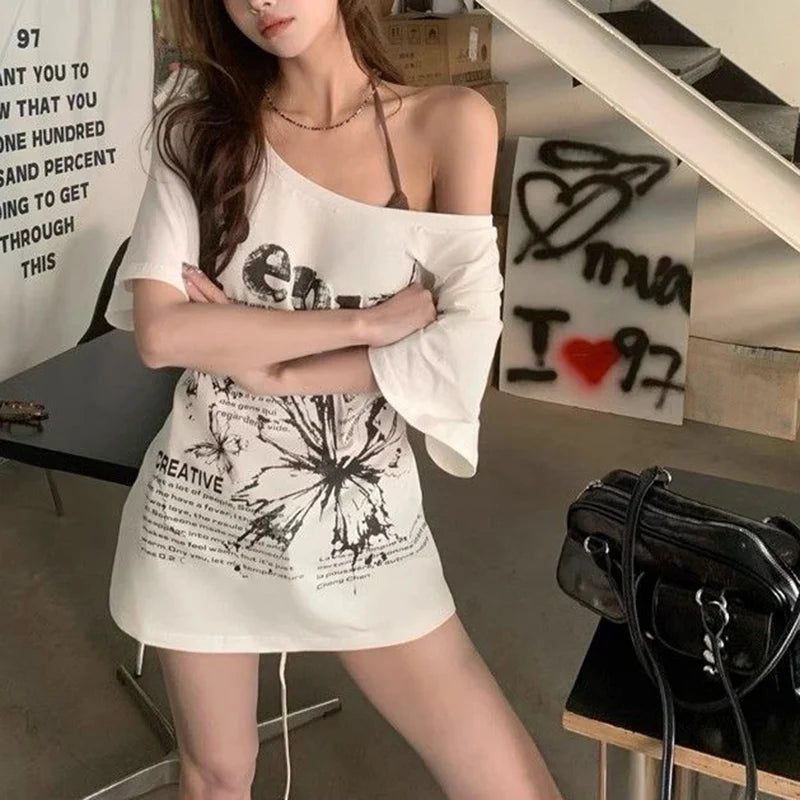 Summer Lady T-shirts Chic Streetwear T-shirts Female Baggy Casual Daily Tops Women Letter Printed Off Shoulder Clothes