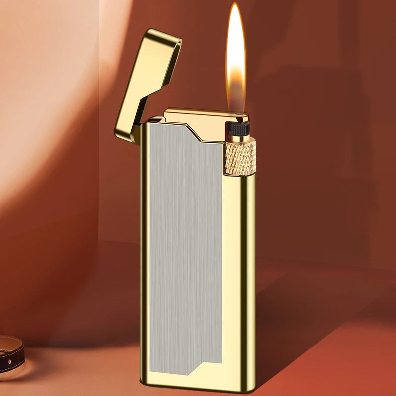 New Personality Portable Metal Slender Wheel Lighter Butane Gas Open Flame Lighter Mini Cigarette Lighter Gadget Men's Gift