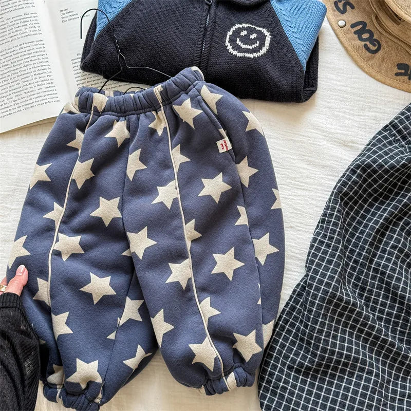 2025 Winter New Children Plus Velvet Thick Casual Pants Fashion Print Boys Fleece Sweat Pants Girls Warm Trousers Kids Clothes