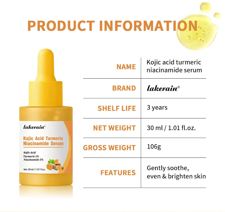 Kojic Acid Turmeric Niacinamide Serum Brighten Skin Tone Soothe Skin Deep Moisturizing Precise Dropper Design Facial Care