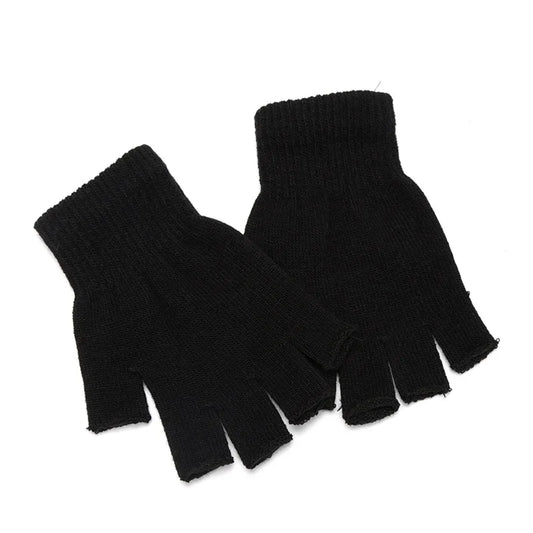 Unisex Black Half Finger Fingerless Gloves Wool Knit Cotton Winter Warm Work Mittens for Women And Men