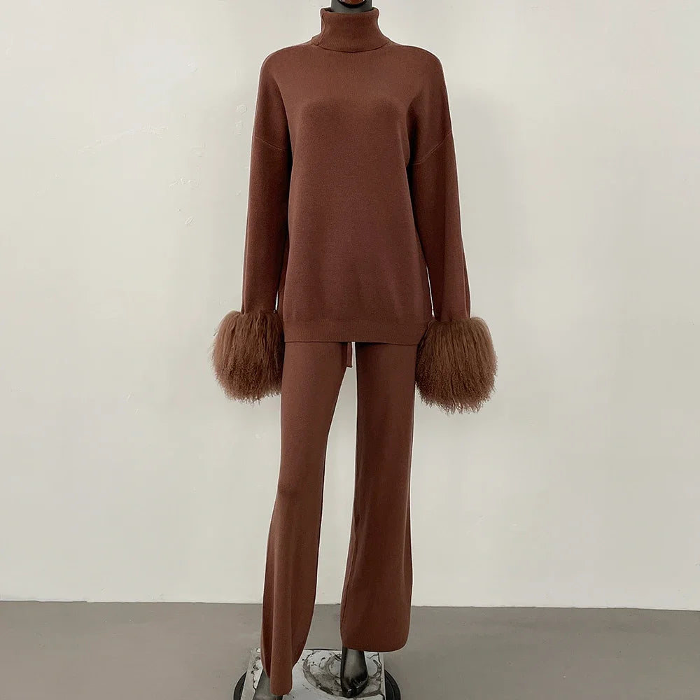 Coat Women Knitted Suit Women's Sweater Set Real Mongolian Sheep Fur Cuffs High Quality Wool & Blend Knitted Pullover and Pants