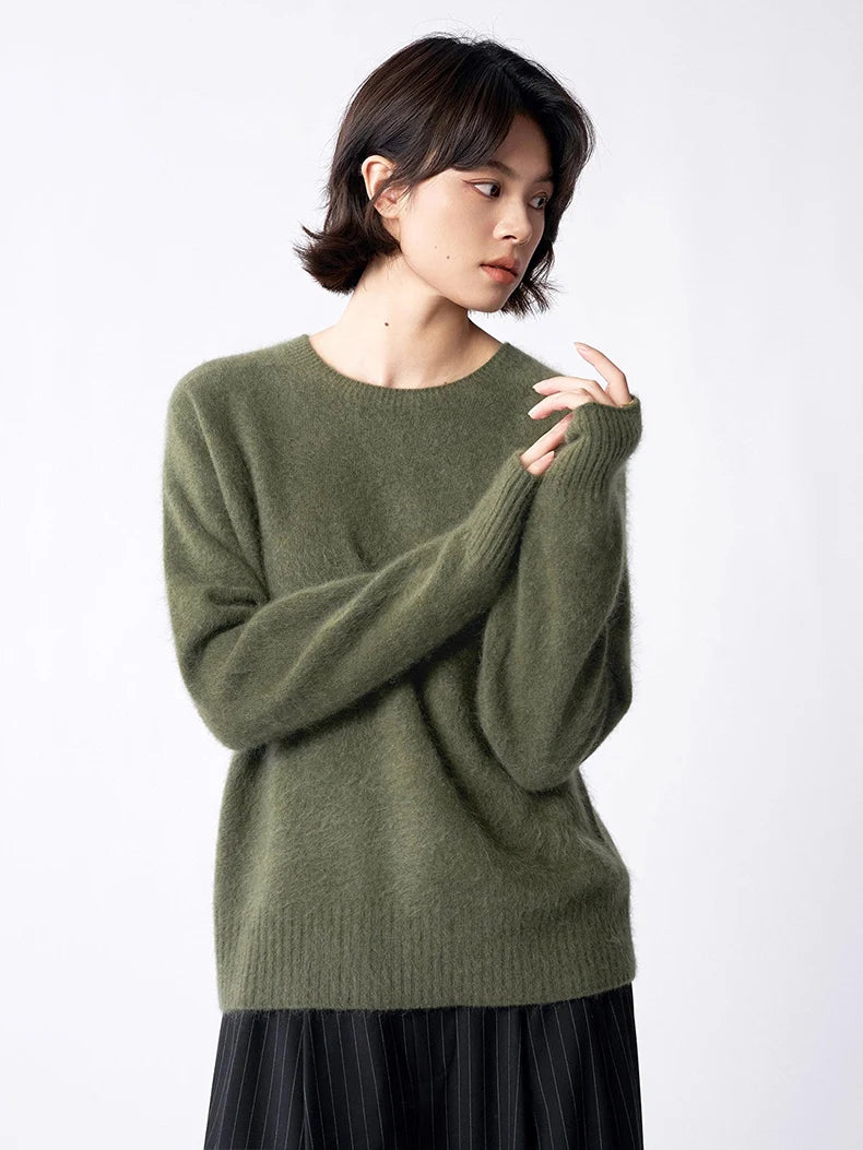 SuyaDream, Women Fleece Pullovers, V Neck, 3.8%Cashmere 96.2%Wool, Chic Warm Sweaters, 2025 Fall Winter Solid Top, Camel, Olive