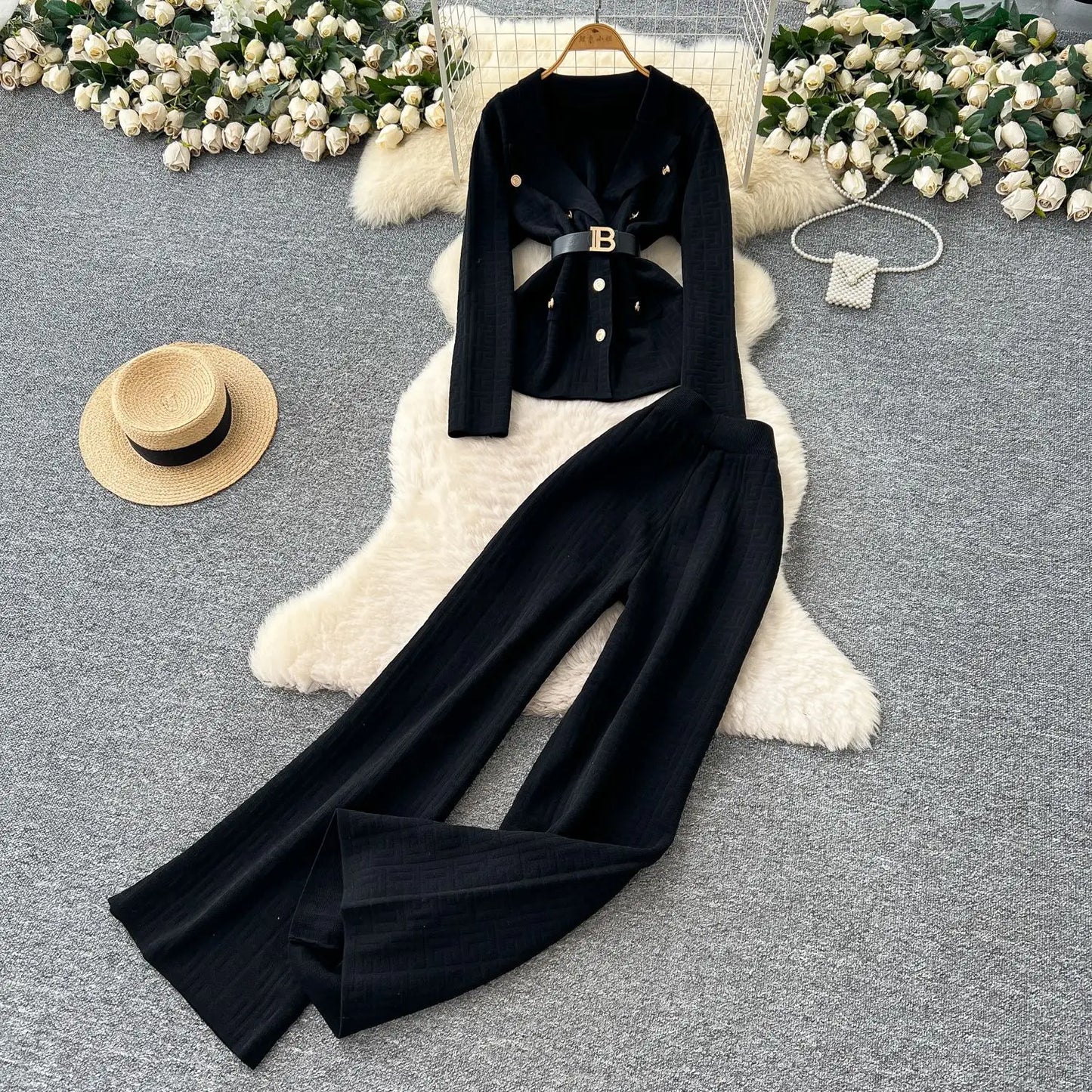Pant Set Women Two Piece Sets Turn Down Collar Full Sleeve Tops Wide Leg Long Pants High Elastic Waist Y2k Streetwear Elegant