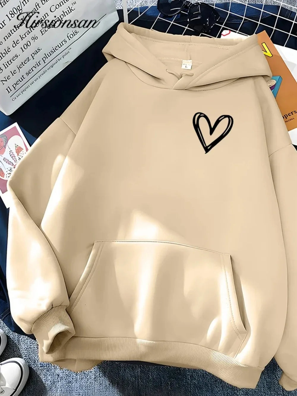 Hirsionsan Simplic Heart Print Women Sweatshirt Soft Casual Loose Vintage Female Hoodies 2025 Winter Warm Fleece Student Tops