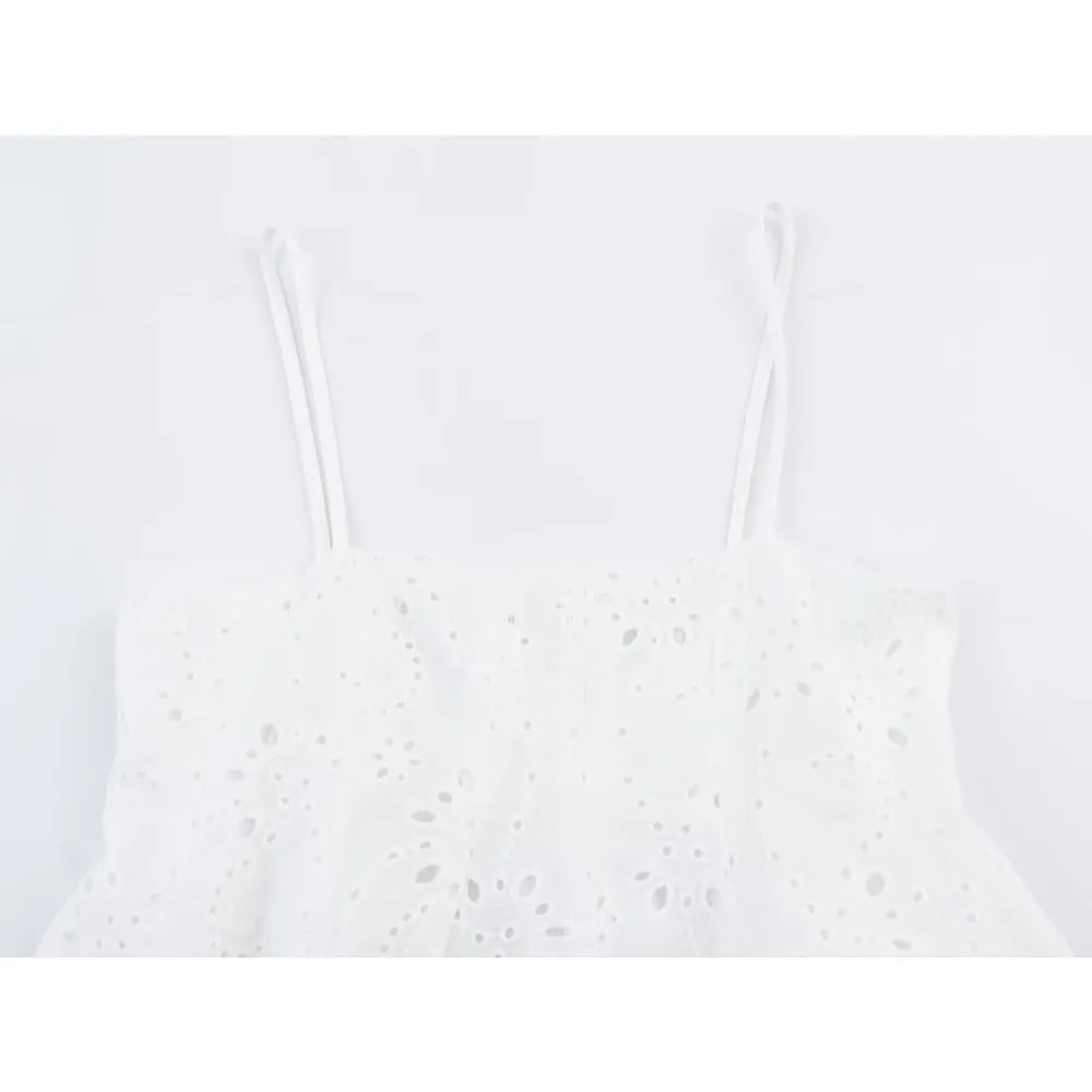 Women Summer Vacation Co Ord Outfits Elegant White Embroidered 2 Piece Set Cropped Top with Thin Straps Matching Cape Midi Skirt