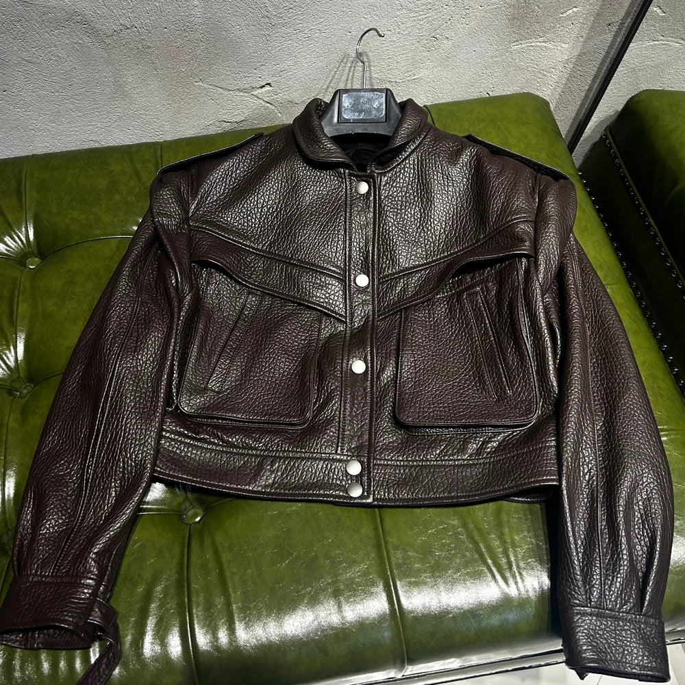 Grained Vintage Leather Jacket Women High Quality Genuine Sheep Leather Coat 2025