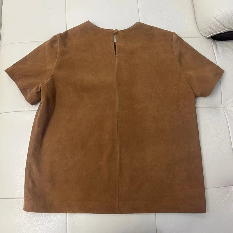 Genuine Leather Tops for Women 2025 Spring/Summer Short Straight Sleeve Round Neck Pullover Shirts & Blouses Thin Suede Blusas