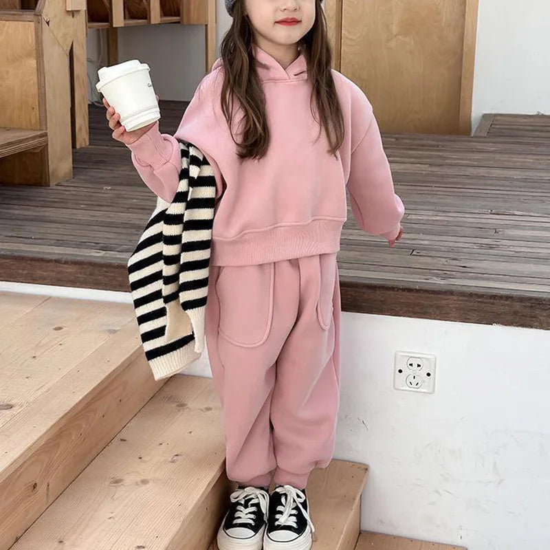2025 Winter New Children Plus Velvet Thick Clothes Set Boys Girls Fleece Hooded Sweatshirt + Sweat Pants Suit Kids Warm Outfits