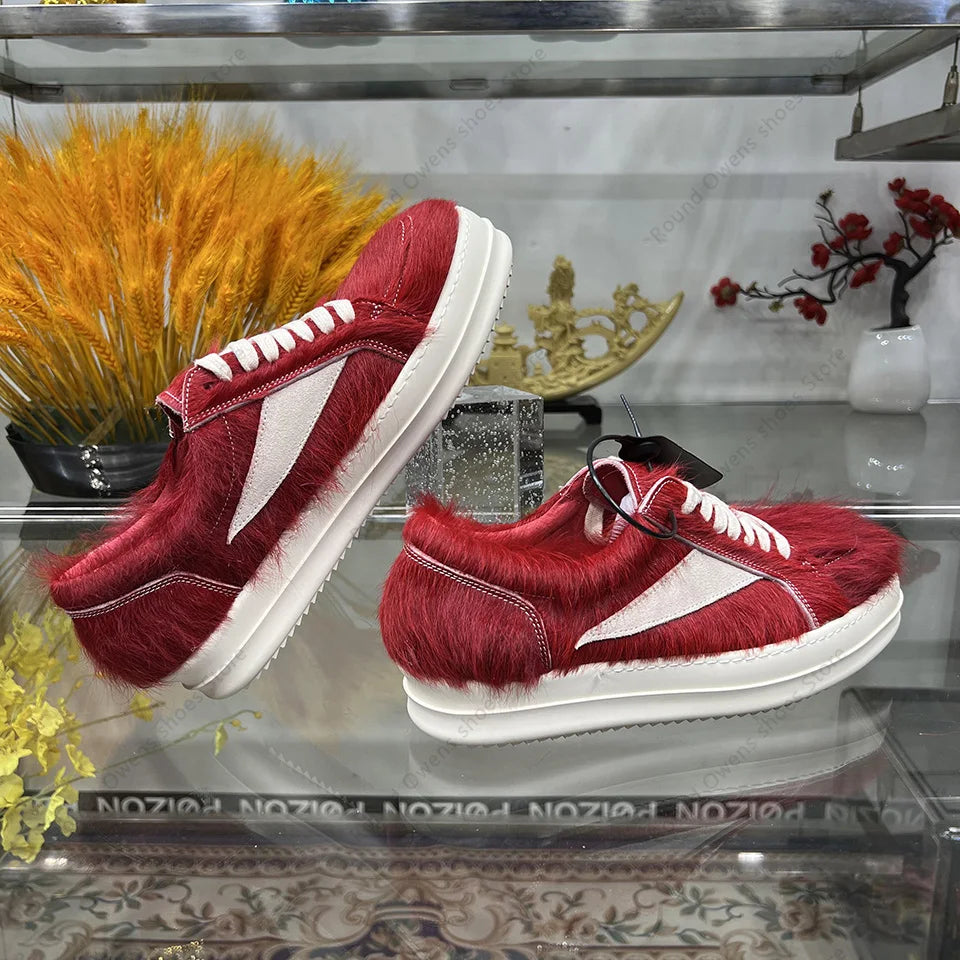 24ss New Horse Hair Low Top Quality Casual Shoes Dark Red Men Genuine Leather Thick Sole Lace Up Luxury Sports Ro Women Sneakers