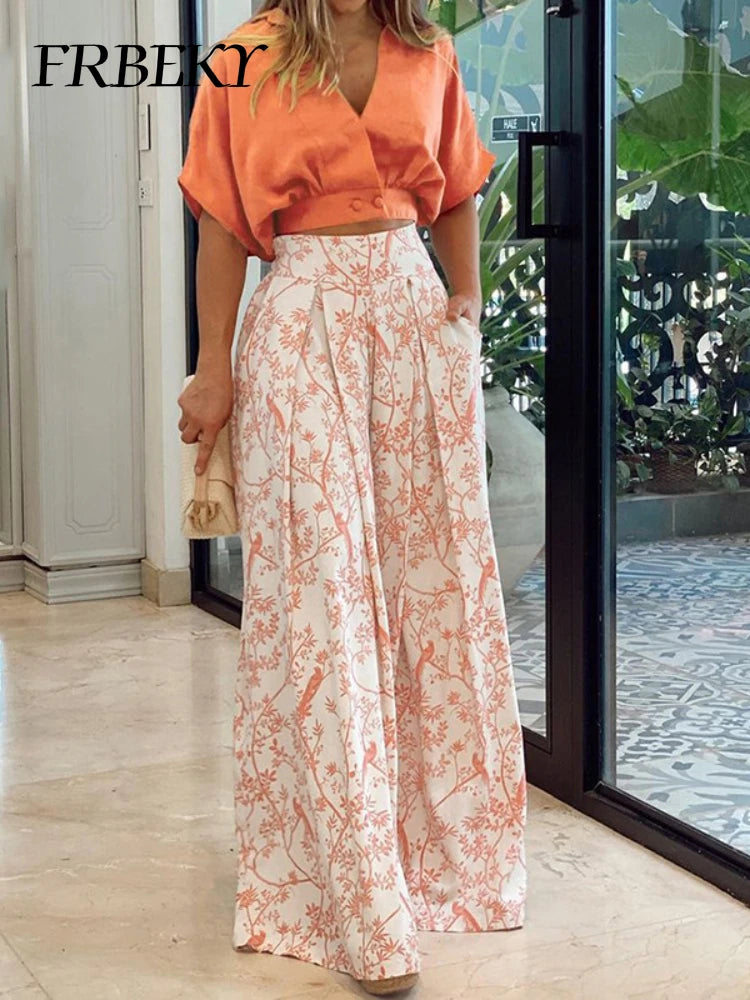 Pant Sets Summer New Bat Sleeve Print Shirt & Wide Leg Pants Two Piece Set for Women Fashion Women's Suit Chic and Elegant Set