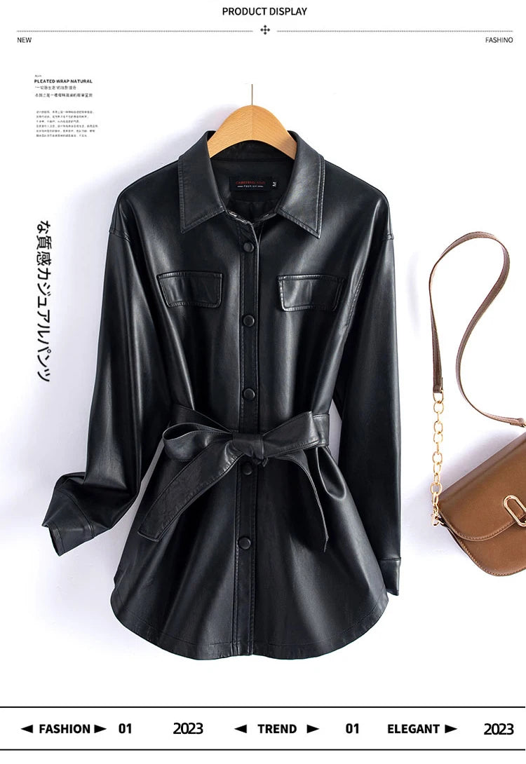 Sheepskin Leather Jacket Women Fashion Irregular Turn-down Collar Lace-up Belt Chic Office Ladies Real Split Leather Jacket Coat