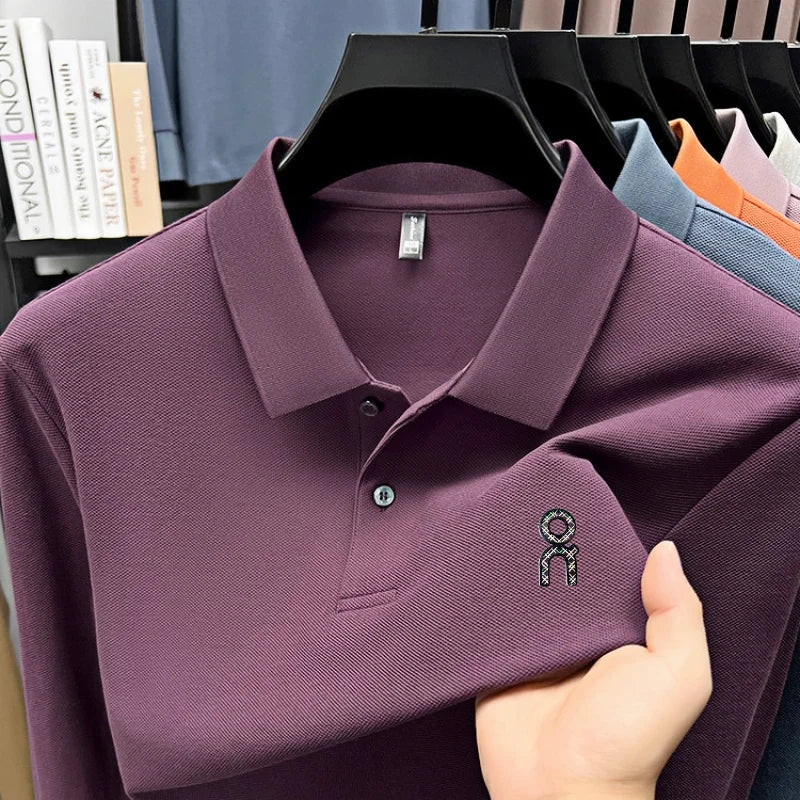 100% pure cotton polo shirt long sleeved men's brand fashionable embossed T-shirt sports breathable spring autumn casual new top