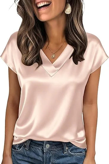 Women's Summer New T-shirt Casual V-Neck Short Sleeve Blouse Business Casual Tops Satins Silk Summer Shirt Work Solid Color Tops