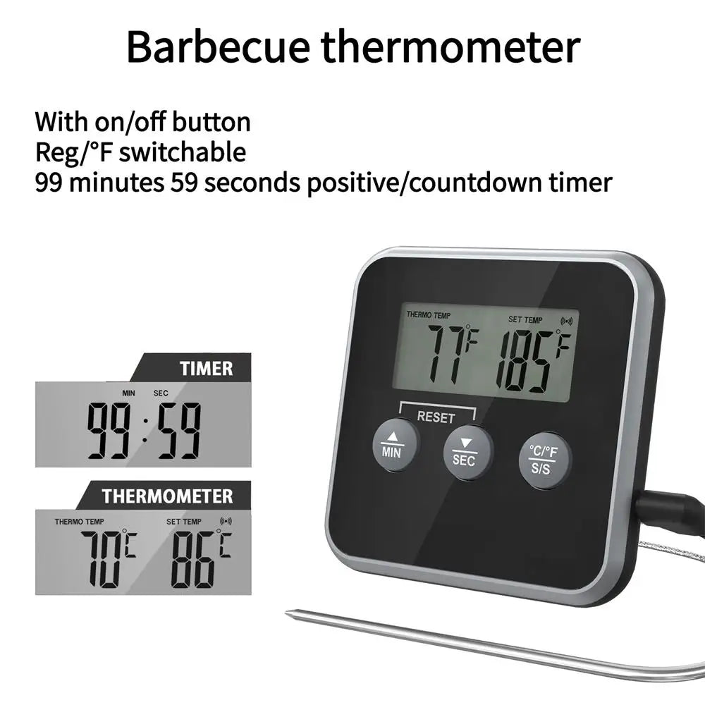 LED Digital Thermometer with Waterproof Probe BBQ Oven Temperature Inspection Instrument Timer High Temperature Alarm