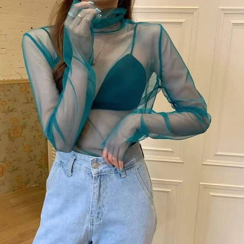 Summer Women T Shirts Hollow Out Fishnet Bottoming Shirt Korean Fashion Long Sleeve Mesh Tops Green White Top Tees Women Clothes