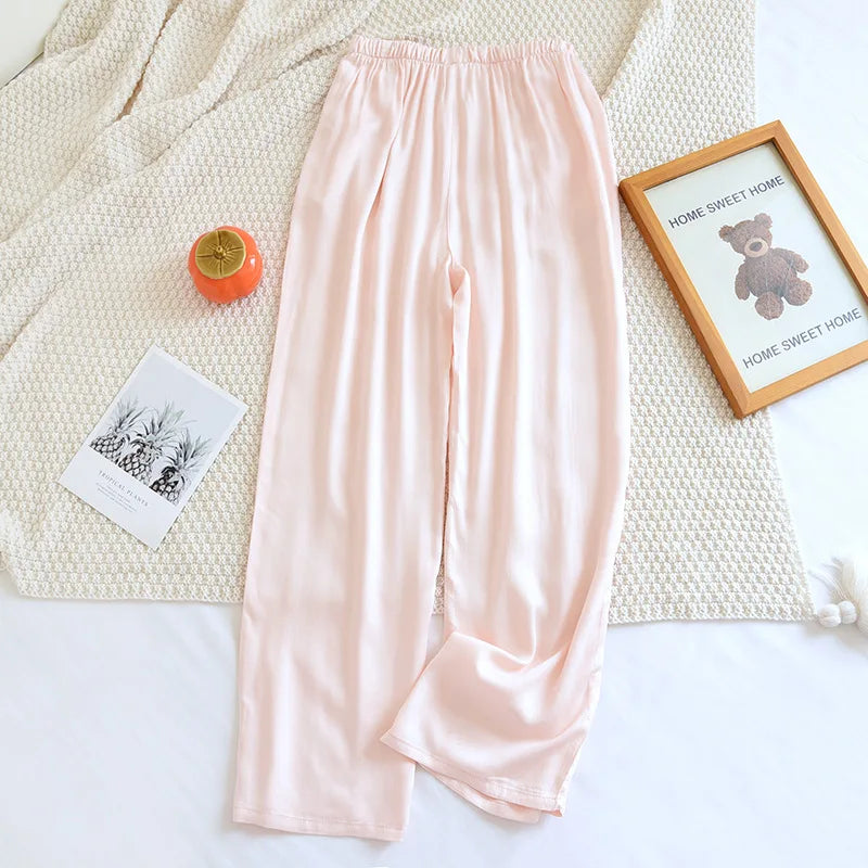 Thin Solid Color Summer Sleep Bottoms Ice Silk Satin Couple Sleeping Pants Loose Mosquito Proof Pants for Women and Men