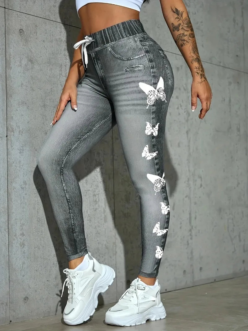 Pants Women Faux Denim Printed High Waist Leggings Casual Skinny Stretch Imitation Jeans Sweatpants Clothes Y2k Pants Joggers