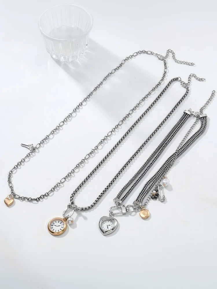 Necklace with Fashion Pin, Button Key, Heart Pendant for Women; Bohemian Multi-Strand Clavicle Chain Accessory