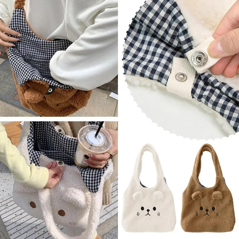 School Bag Cartoon Embroidery New Winter Soft Plush Tote Bag Shopper Bag Shoulder Bag For Women Cute N8Y7