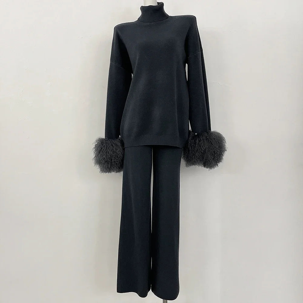Knitwear Woman Wool & Blend Knitted Pullover and Pants Real Mongolian Sheep Fur Cuffs Sweater Set Real Fur Knitted Suit 2026 New