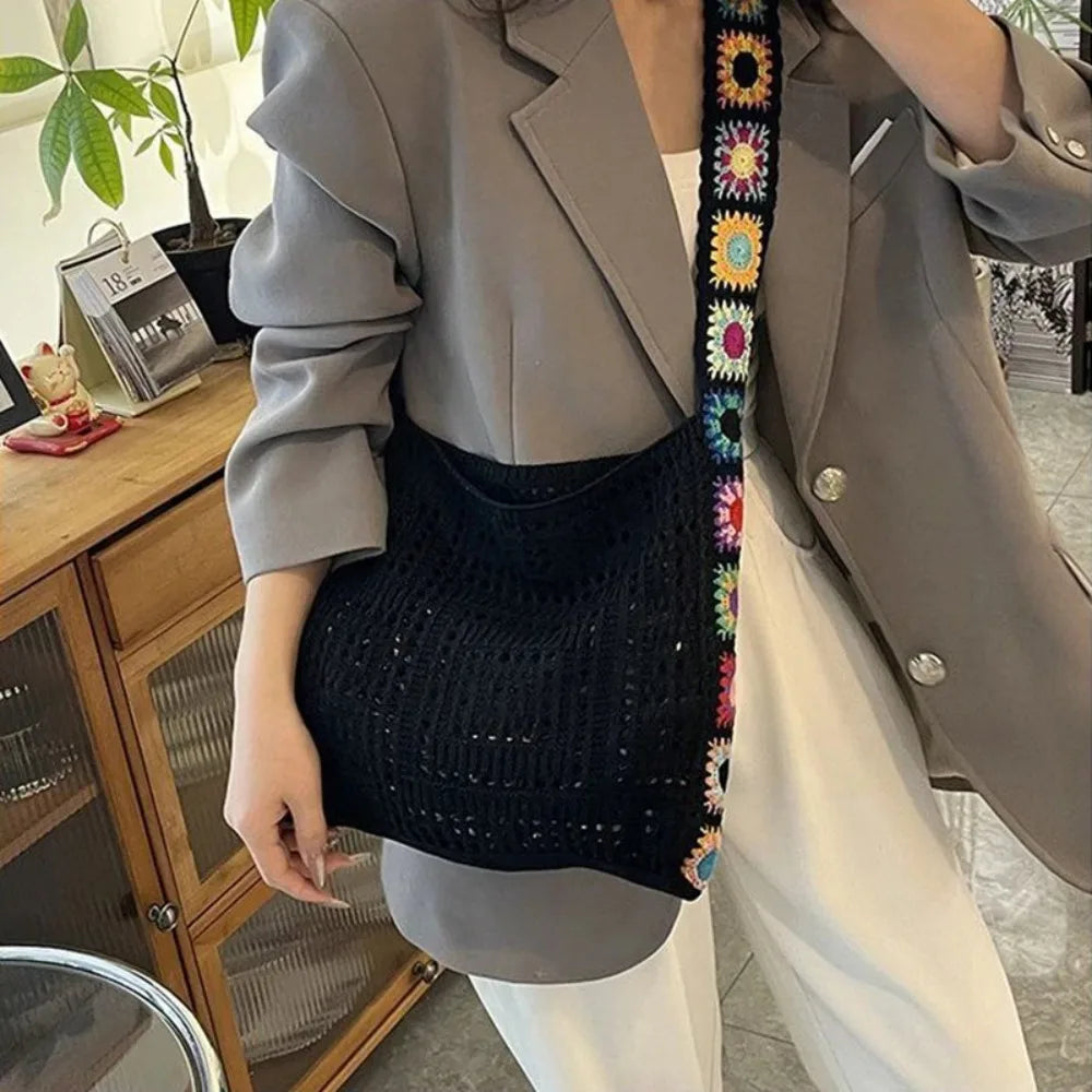 Fashion Large Capacity Women Shoulder Bag Floral Crochet Vintage Handbag Boho Hollow Out Knitted Crossbody Bags