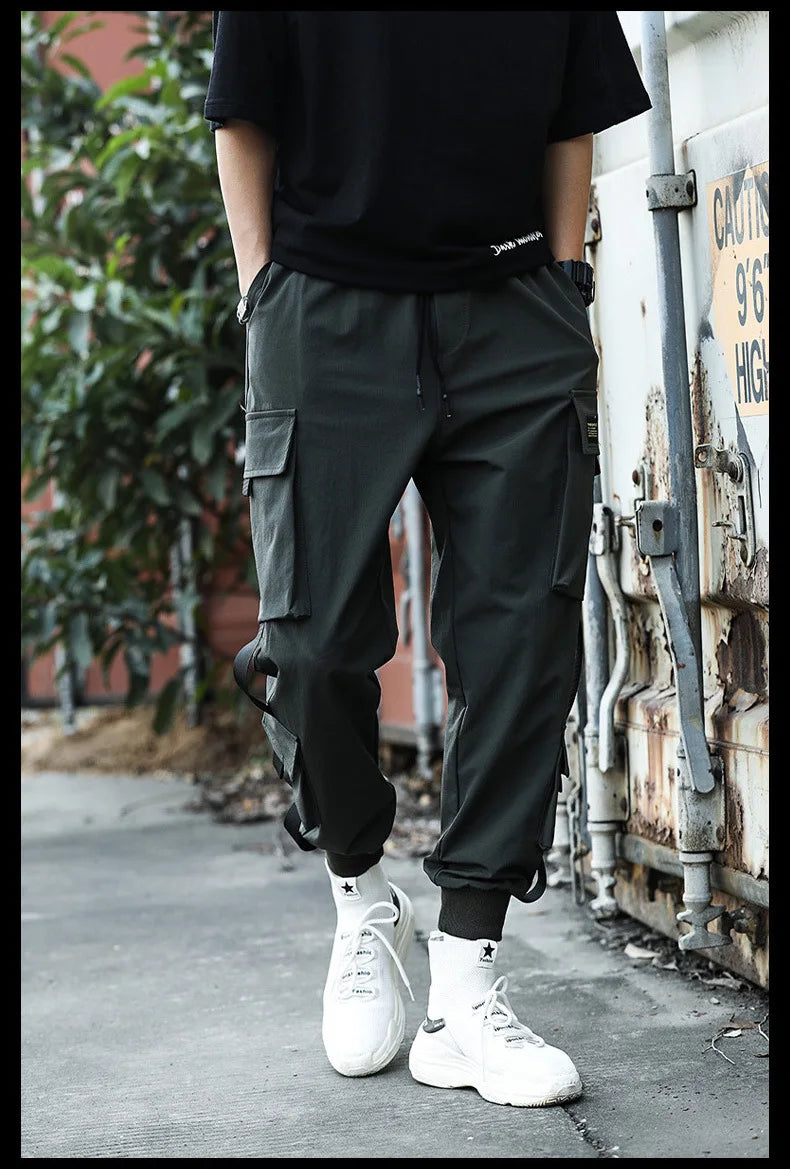 2024 Spring Autumn New Men's Korean Fashion Multi-pocket Loose Ins Nine-minute Drawstring Leg Work Pants Casual Daily Sweatpants