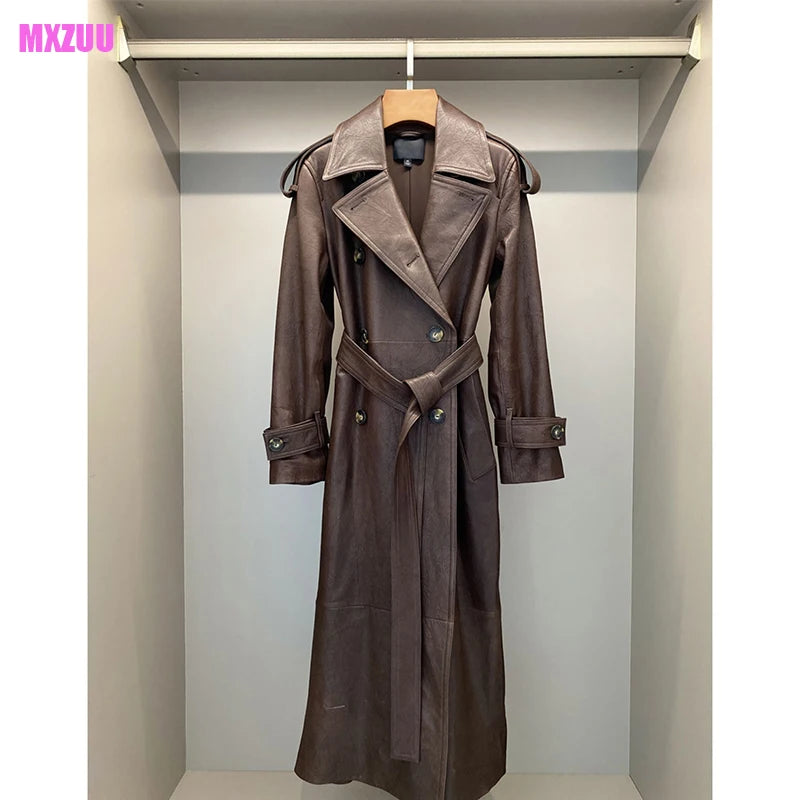Women Leather Jacket Autumn Winter Black/Red Coffee Sheepskin Lapel Double Breasted  Belt Slim Show Tall Long Trench Coat Dress