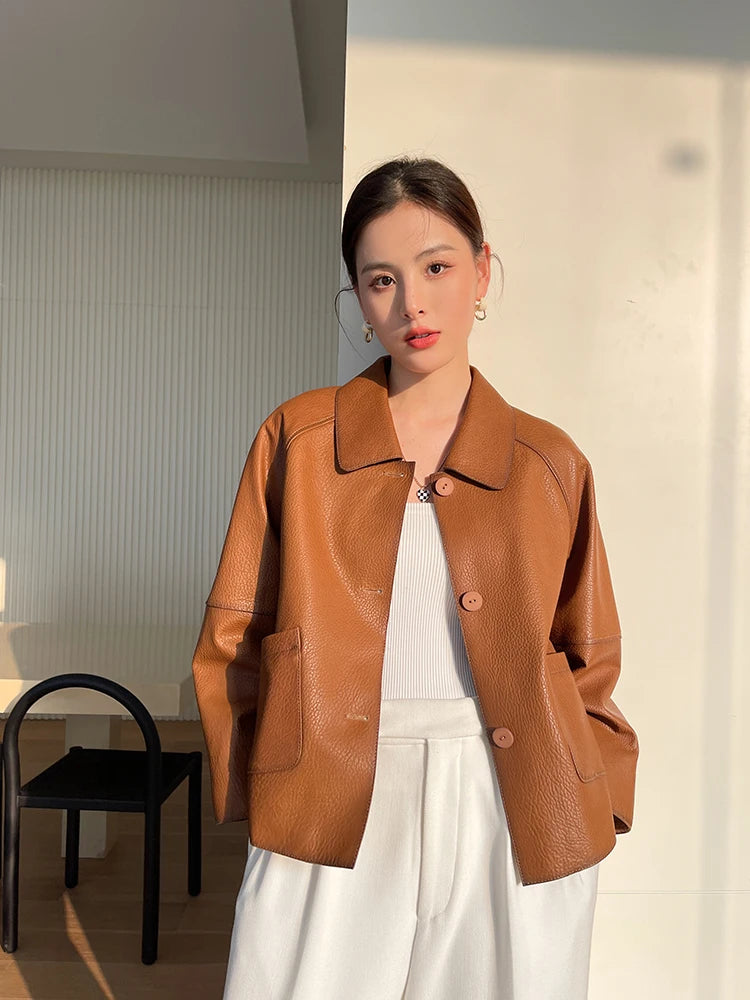 High-end Simple Natural Sheepskin Coats for Women 2025 New Trend Casual Single-breasted Lychee Texture Genuine Leather Jacket