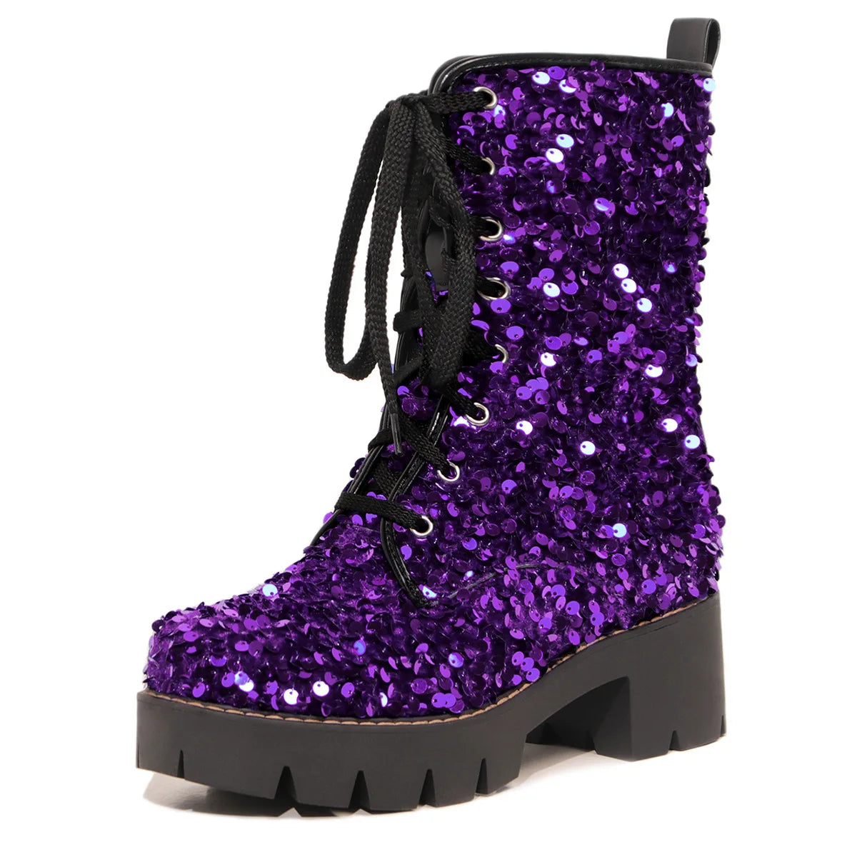 2025 New Fashion Women Shoes Front Lace Up Sequin Short Boots Coarse Heel Stage Show Ankle Boots Ladies Party Casual Short Boots