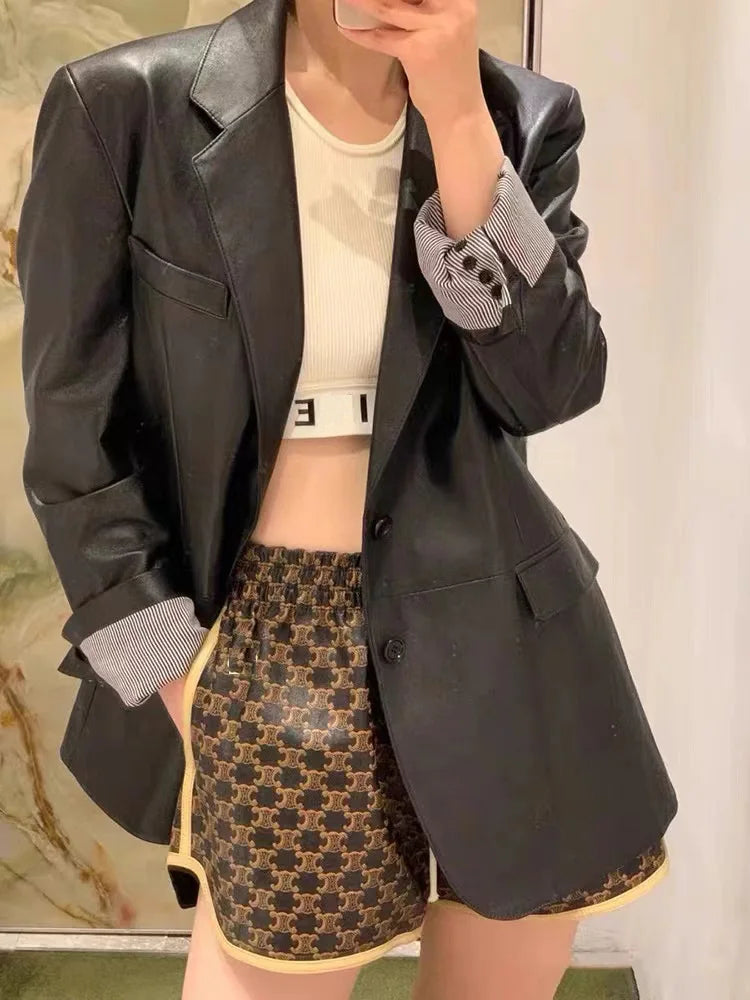 European American Streetwear Leather Jacket For Women Chic Loose Fit Suit Coat Female Flip Pocket Two Bottons White Blazer Mujer