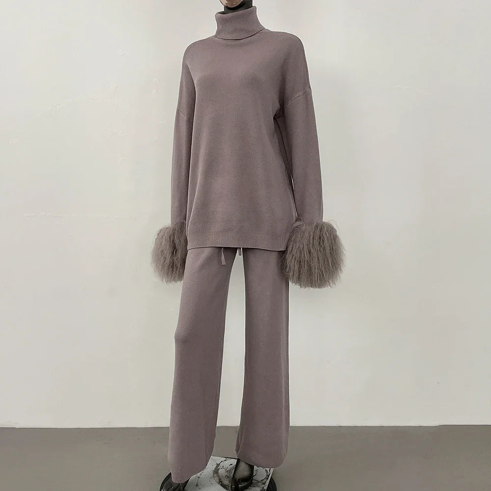 Coat Women Knitted Suit Women's Sweater Set Real Mongolian Sheep Fur Cuffs High Quality Wool & Blend Knitted Pullover and Pants