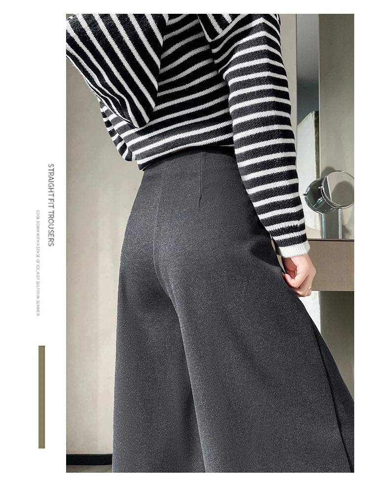 High Quality Woolen Suit Wide-leg Pants Women Fall Winter High-waisted Loose Trouser Female Chic Solid Thick Outwear Bottoms New